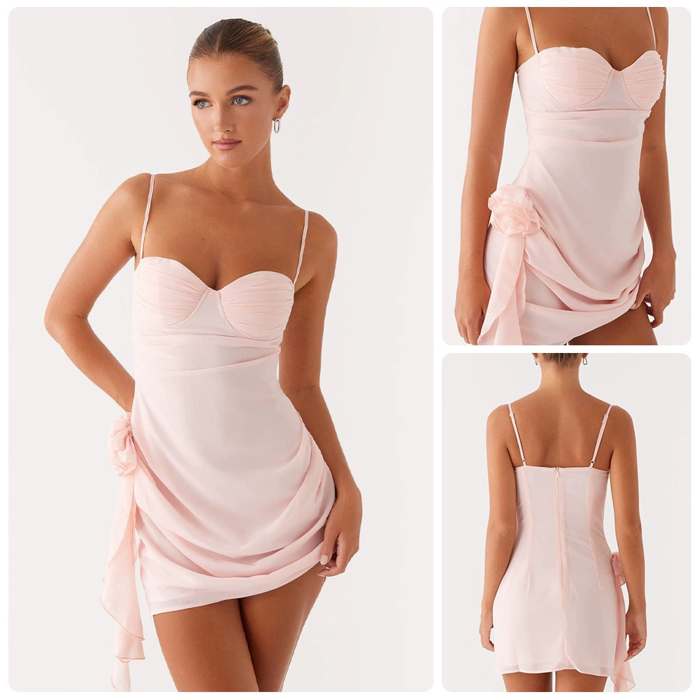 ZARA Sexy Light Pink 3D Floral Ribbon Strappy Bodycon Mini Dress Polyester